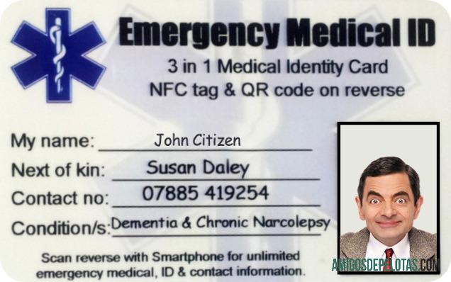 Cartão de identificação médica de emergência dos EUA amostra